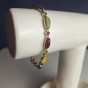 Vintage Liz Claiborne Multicolor Cabochon & Rhinestone Bracelet Gold Tone Tennis
